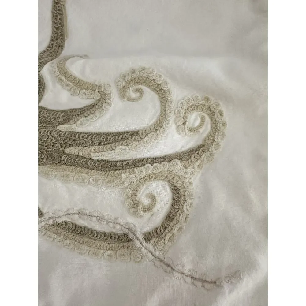 Pottery Barn OCTOPUS Embroidered Accent Pillow Beige Coastal Beachy 18 X 18”